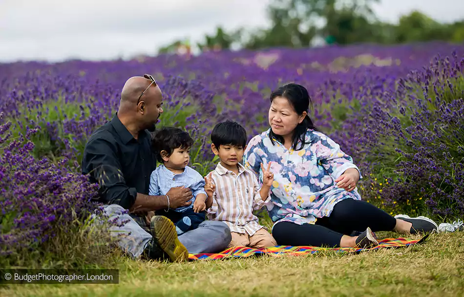 Family seated in Lavender Field