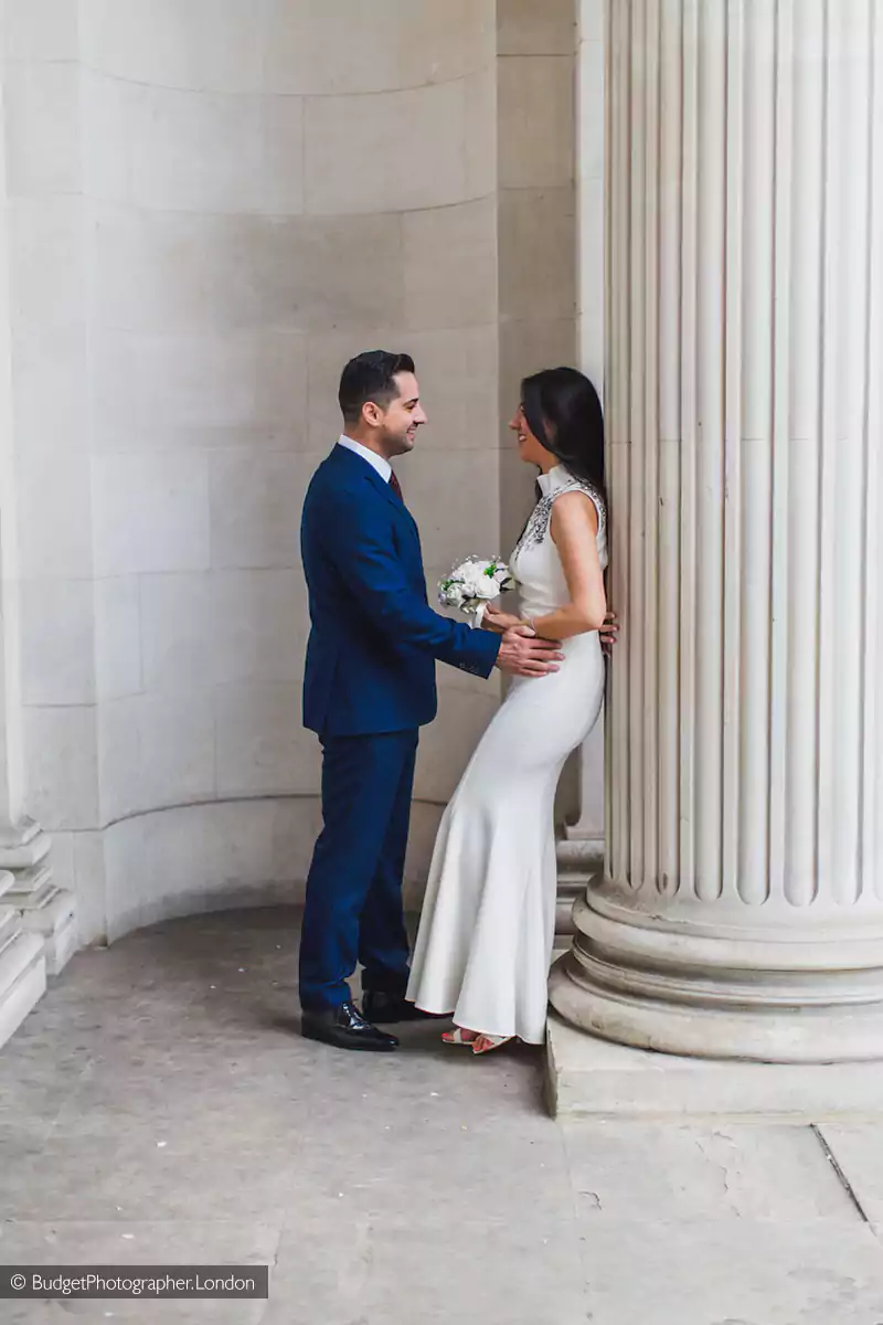 Wedding couple outside Marylebone Town Hall